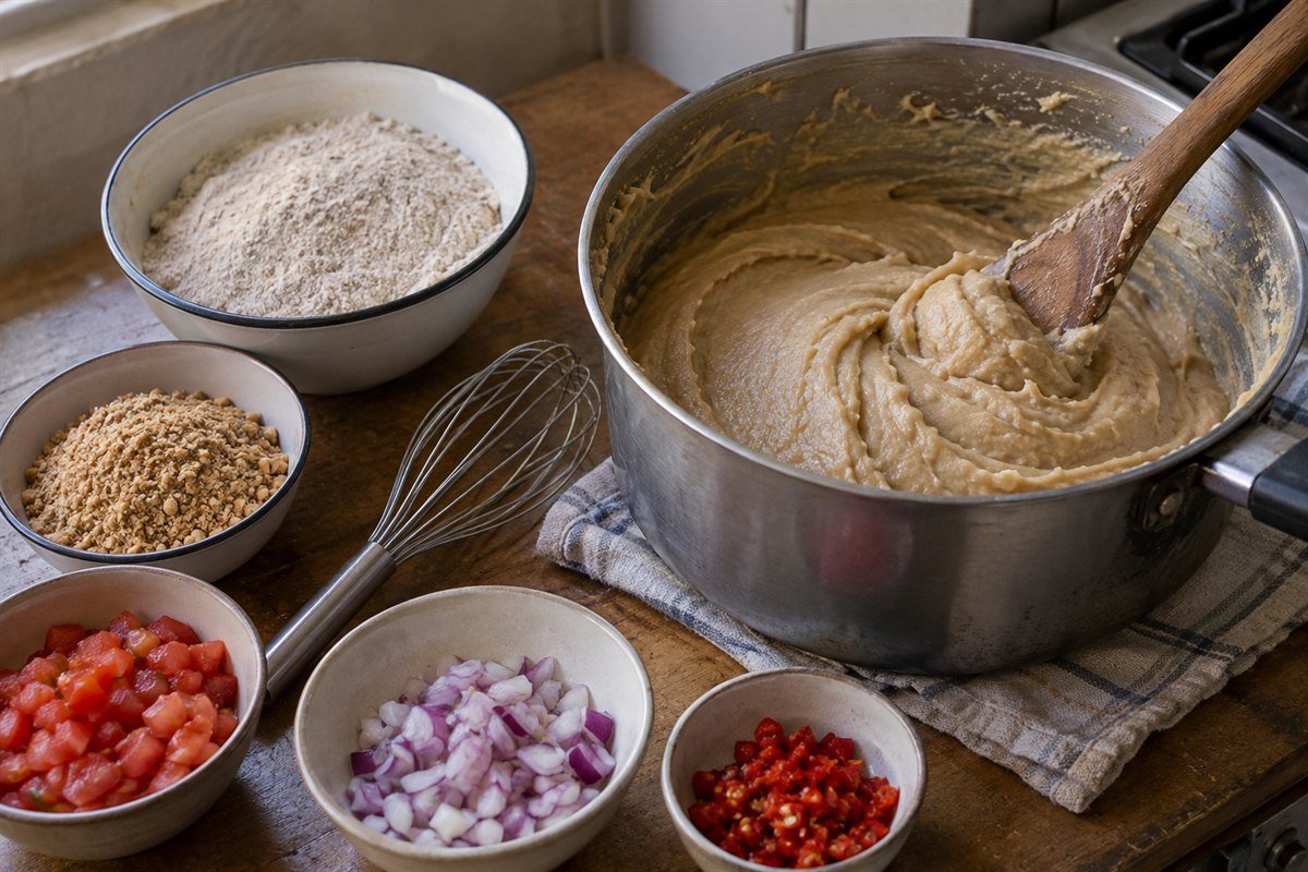 A process view of Zambian chikanda mixture being stirred in a pot beside chikanda flour, ground peanuts, tomatoes, onion, and red chilli on a plain kitchen table.
