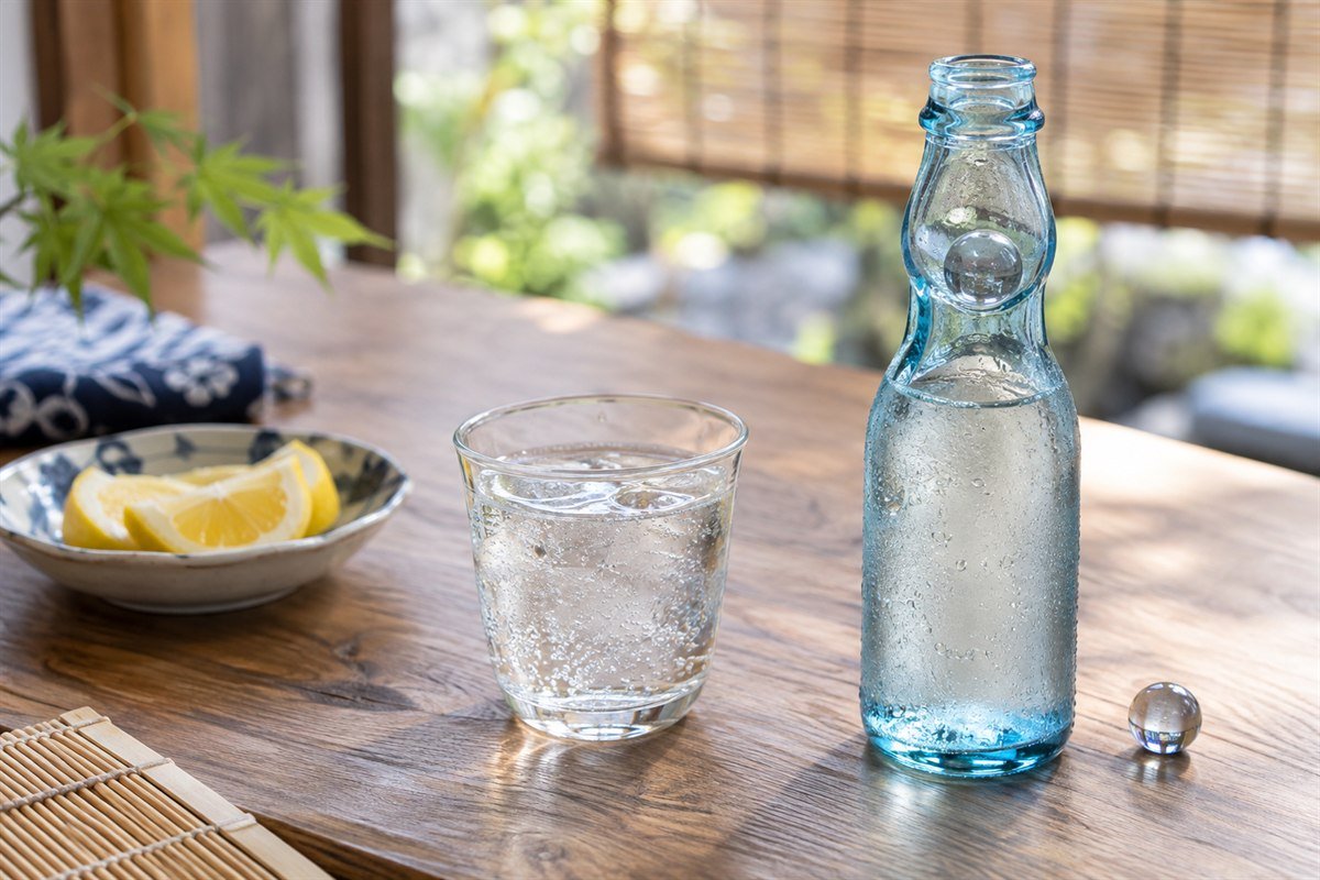 Japanese ramune in a blue marble-stopper bottle beside a small glass of clear citrus soda on a summer table.