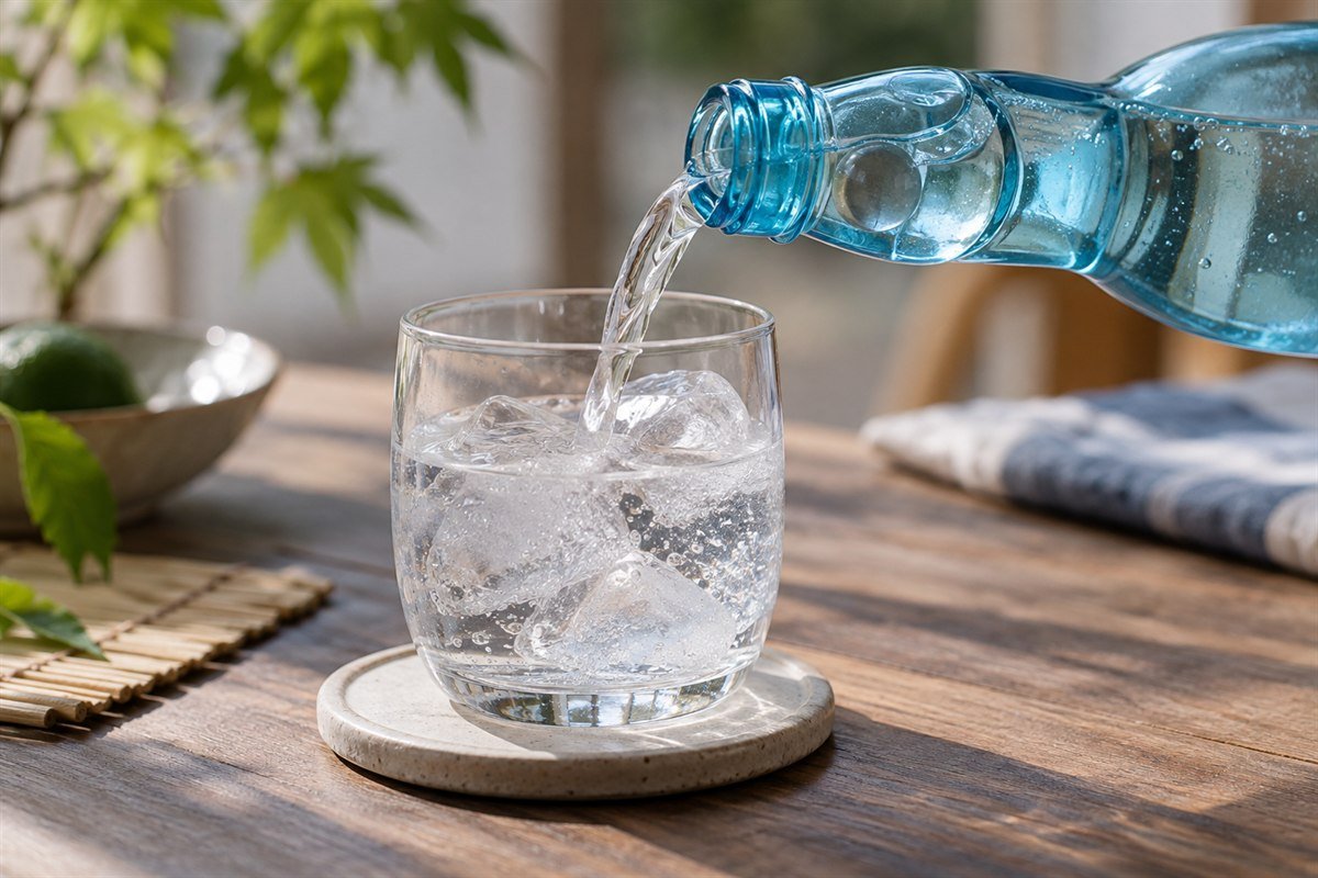 Japanese ramune being poured from a blue marble-stopper bottle into an ice-filled glass on a quiet summer table.