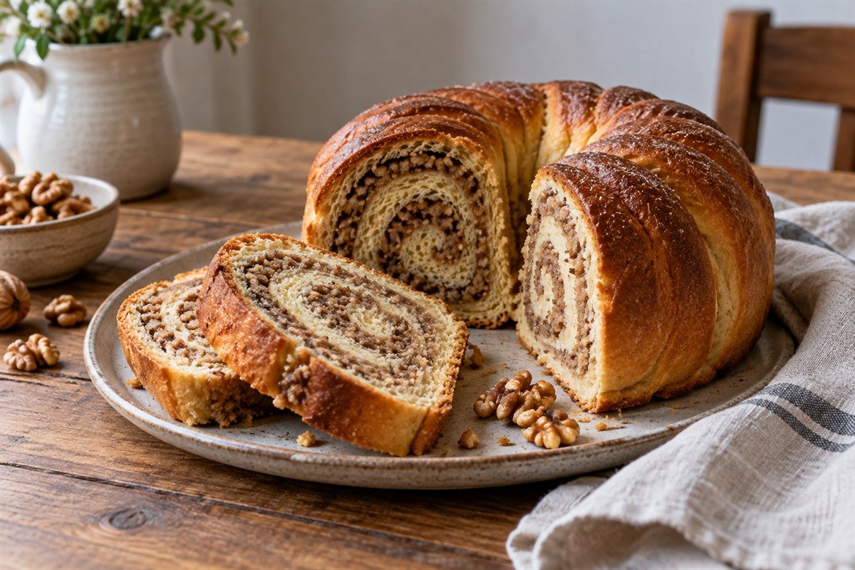 Slovenian potica, a golden walnut-filled rolled sweet bread sliced on a ceramic plate with walnuts nearby.