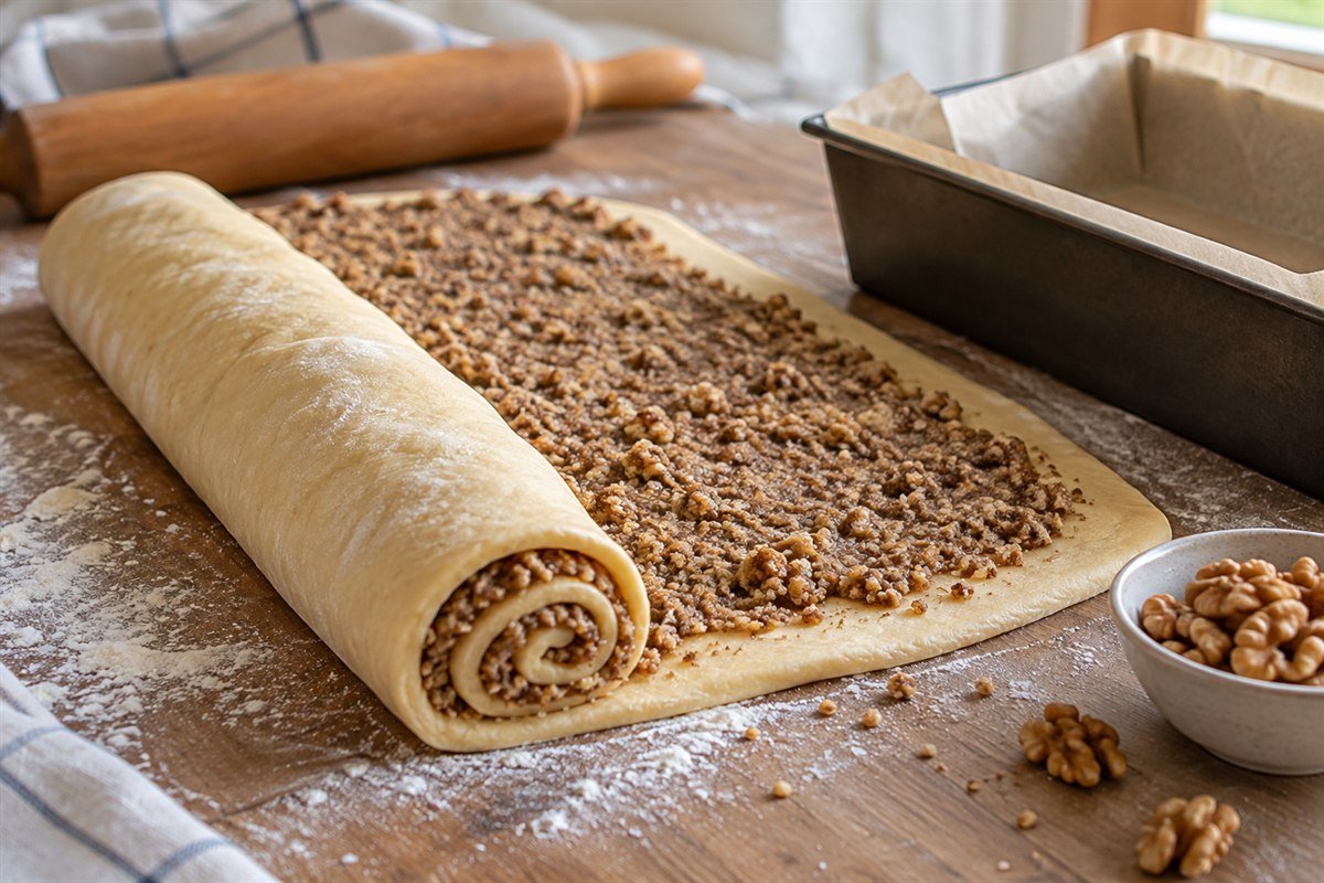 Slovenian potica dough rolled around a walnut filling on a floured wooden table beside a loaf pan and rolling pin.