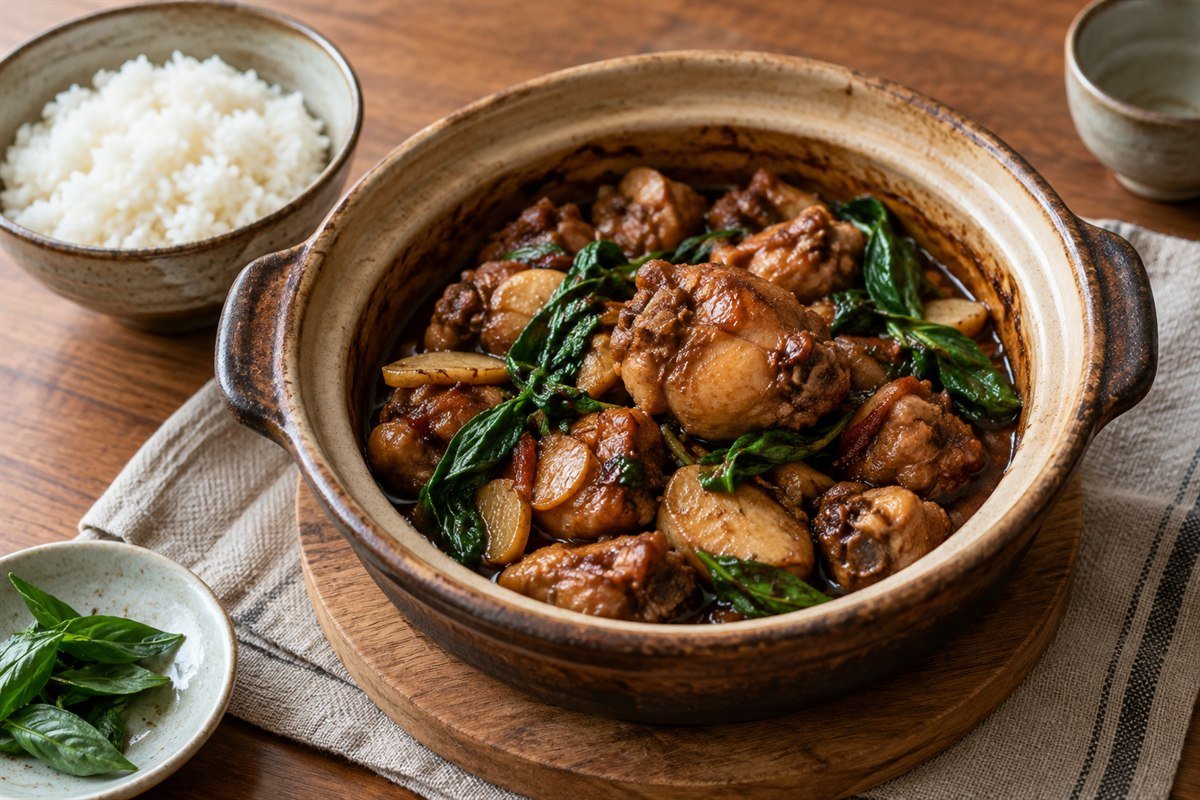 Taiwanese three-cup chicken with tender chicken, ginger, basil, and dark sauce in a clay pot beside steamed rice.