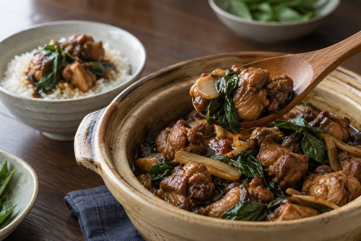 Taiwanese three-cup chicken being served from a clay pot with chicken pieces, ginger, basil, sauce, and a rice bowl.