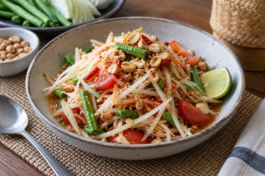 Thai som tam with shredded green papaya, tomatoes, long beans, peanuts, and lime in a rustic ceramic bowl.