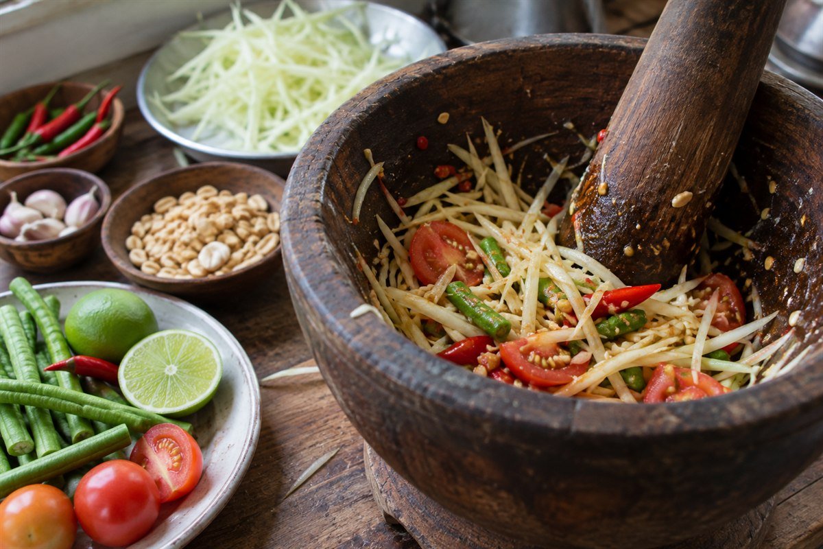 Thai som tam being mixed in a wooden mortar with green papaya, tomatoes, long beans, chillies, garlic, lime, and peanuts.