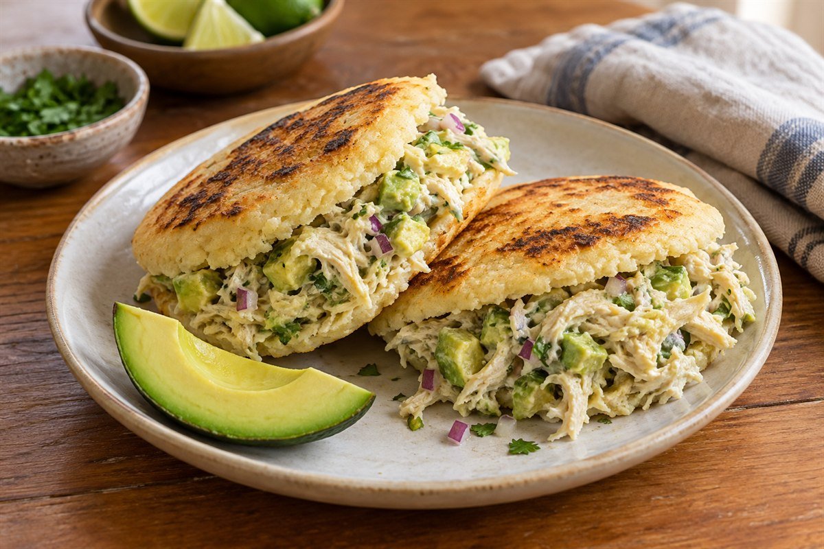 Venezuelan reina pepiada arepas filled with shredded chicken, avocado, lime, cilantro, and red onion on a ceramic plate.