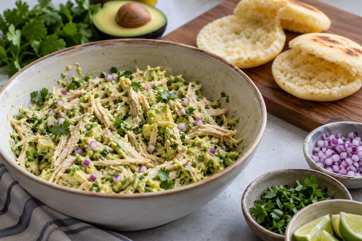 A bowl of reina pepiada chicken and avocado filling beside split corn arepas, lime, cilantro, and diced red onion.
