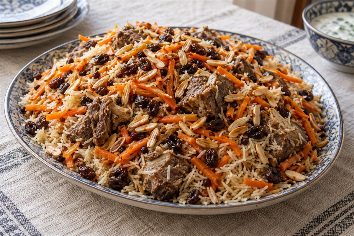Afghan qabuli palaw with lamb, carrots, raisins, and almonds on a serving platter.