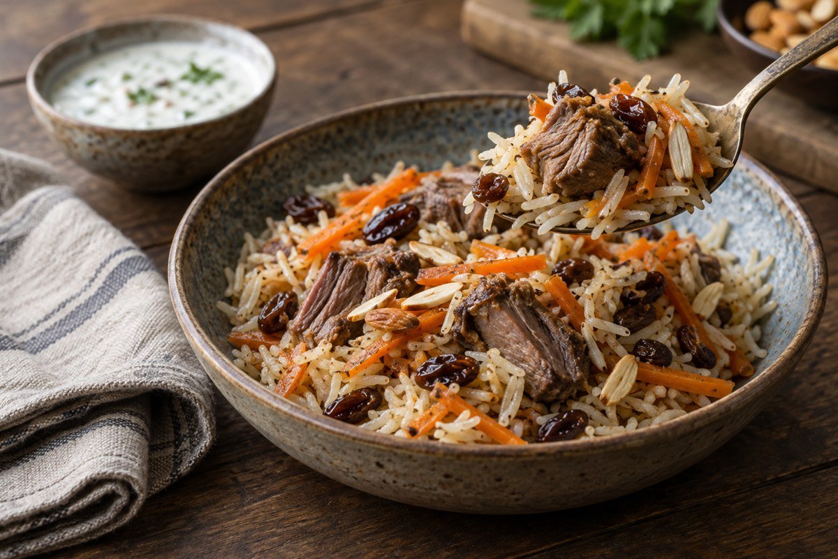 A serving of Afghan qabuli palaw with lamb, rice, carrots, raisins, and almonds.