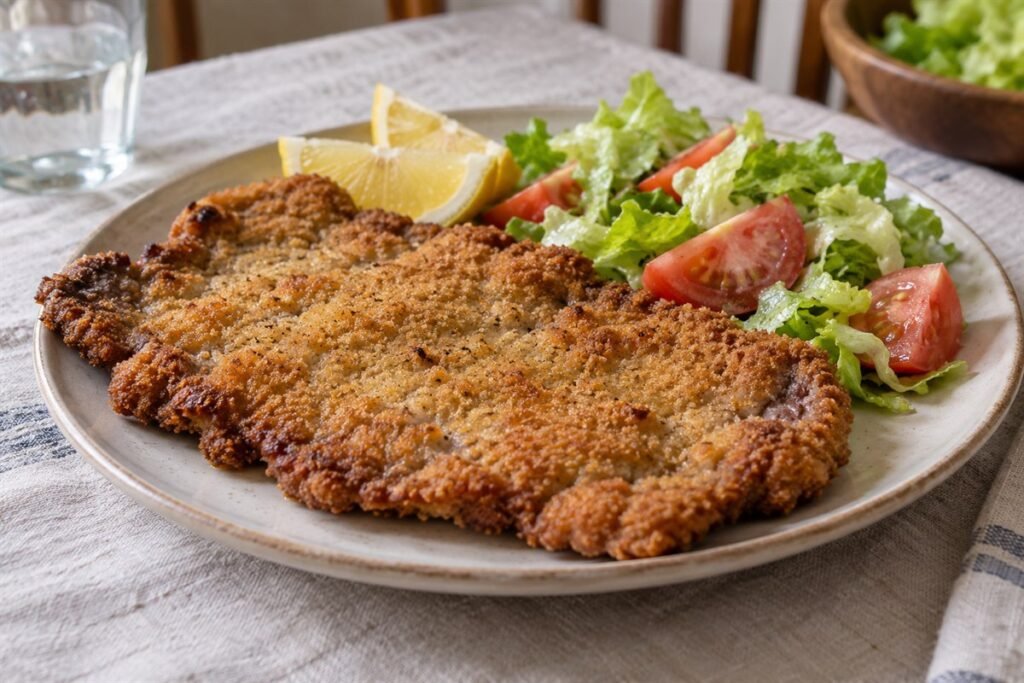 Argentine Milanesa, a golden breaded beef cutlet with lemon wedges and a simple tomato salad.