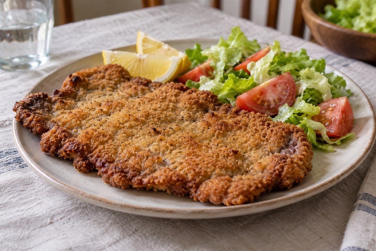 Argentine Milanesa, a golden breaded beef cutlet with lemon wedges and a simple tomato salad.