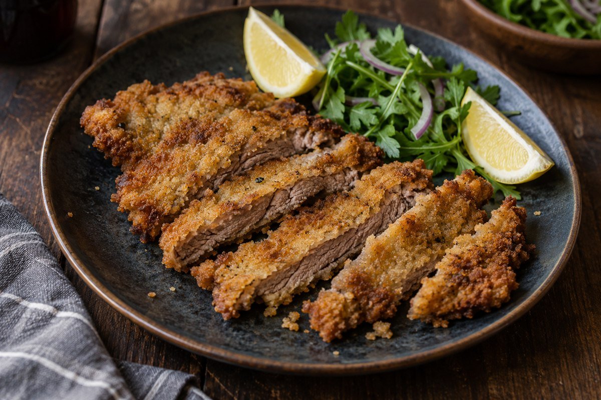 Argentine Milanesa sliced into strips to show the beef interior and crisp crumb crust.