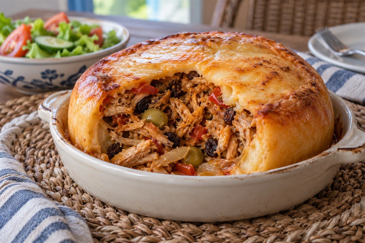 Aruban Keshi Yena, a baked Edam cheese shell filled with spiced chicken, peppers, olives, and raisins.