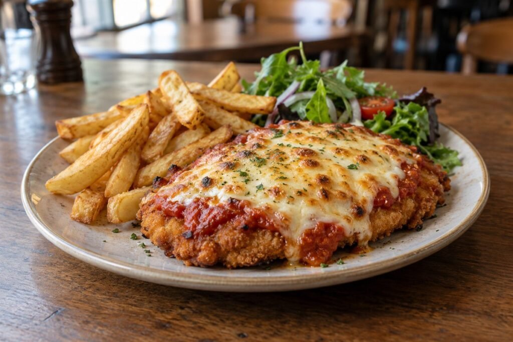 Australian chicken parmigiana with tomato sauce, melted cheese, chips, and salad on a pub-style plate.