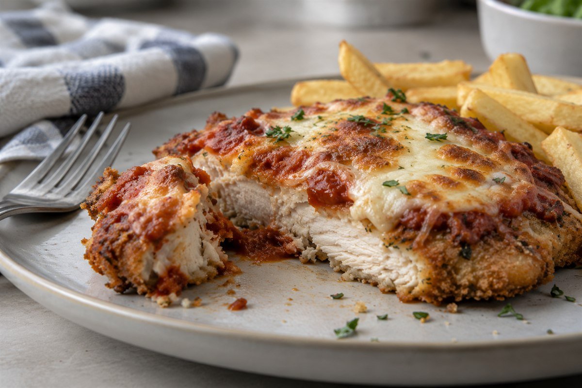 A cut serving of Australian chicken parmigiana showing the crisp crumb, chicken, tomato sauce, and cheese.