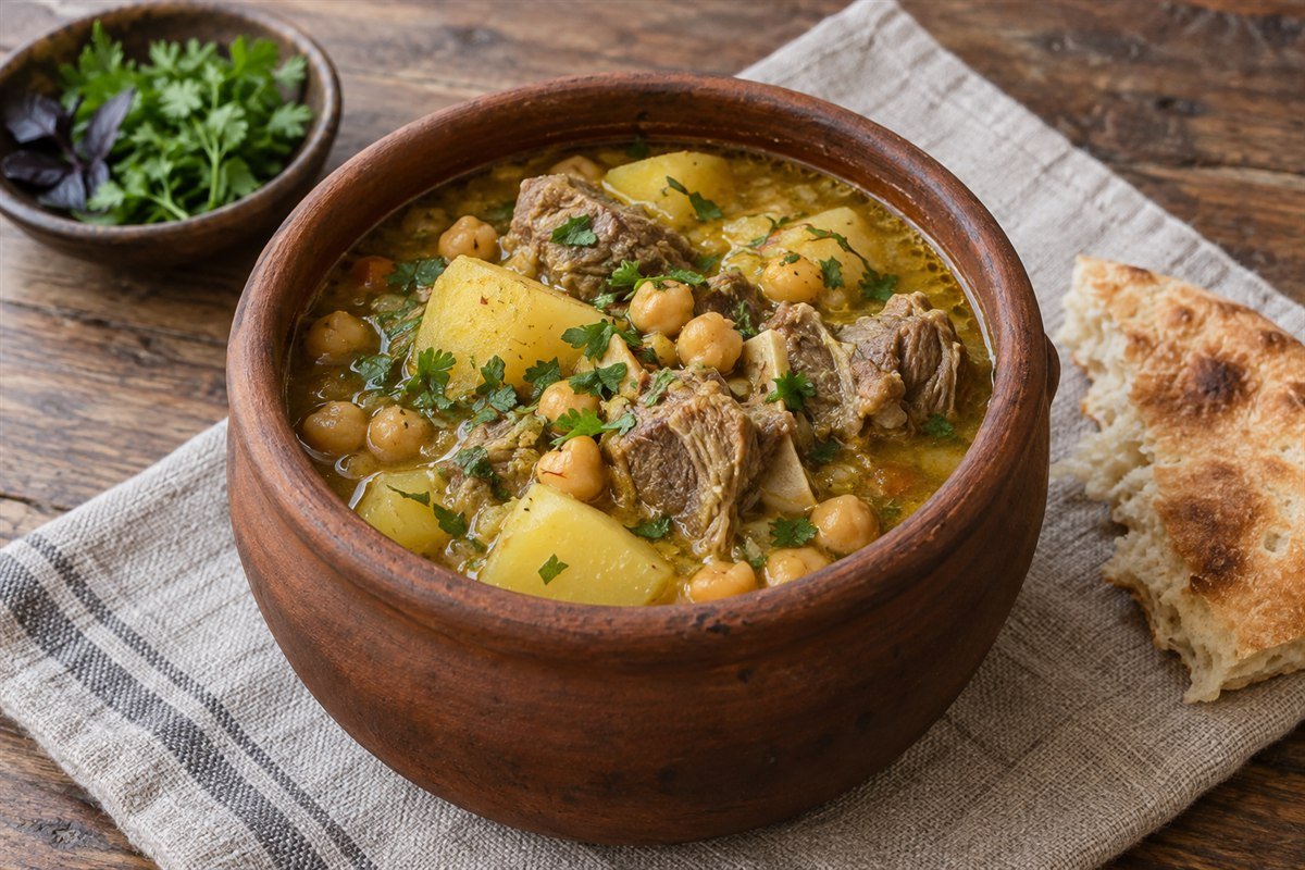 Azerbaijani piti with lamb, chickpeas, potatoes, saffron broth, and herbs in a clay pot.