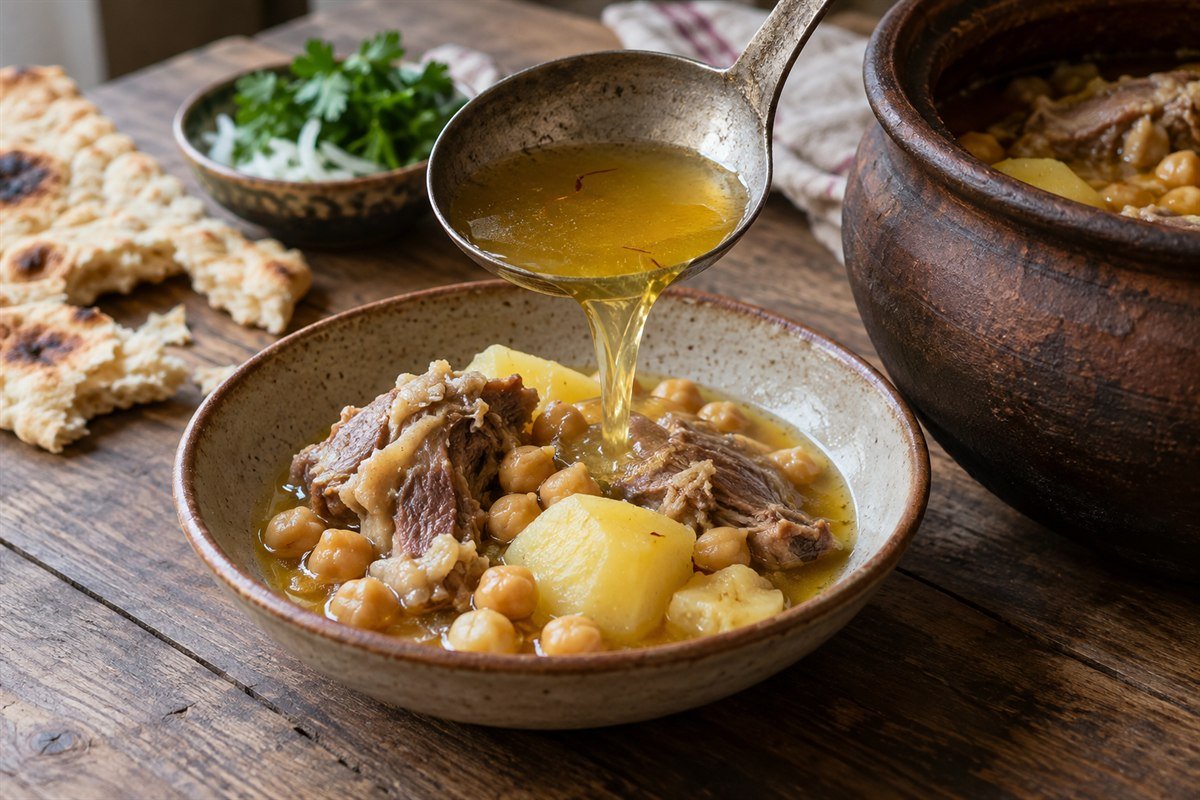 A bowl of Azerbaijani piti being served with lamb, chickpeas, potatoes, and broth.