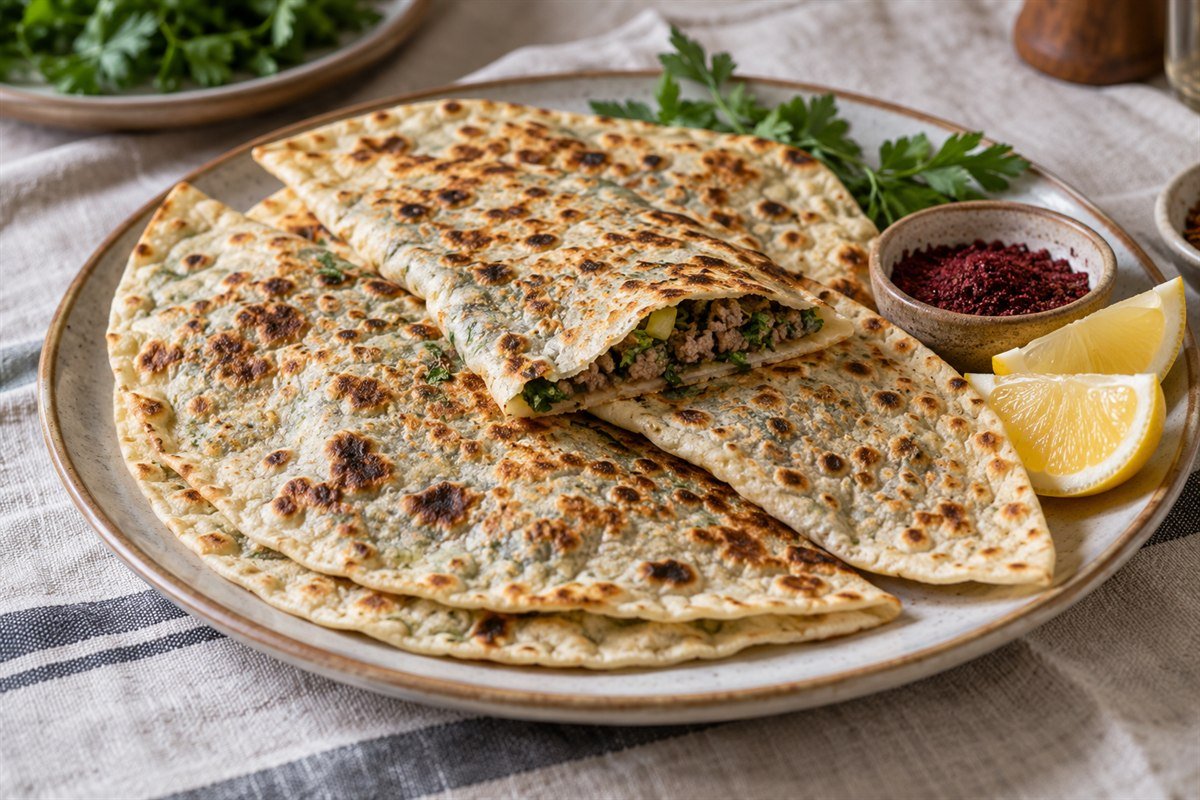 Azerbaijani qutab filled with beef and herbs, folded into thin half-moons on a serving plate.