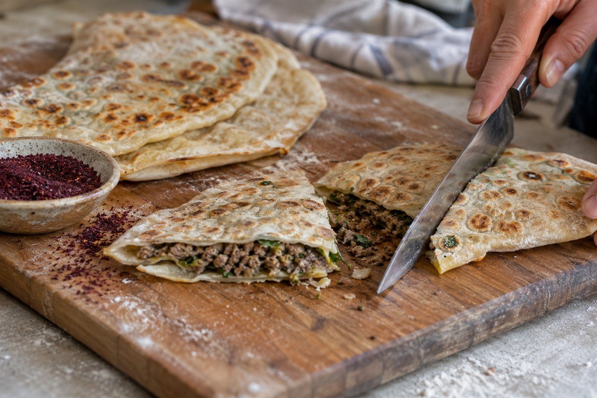 Azerbaijani qutab being sliced and served with herbs and sumac on a wooden table.