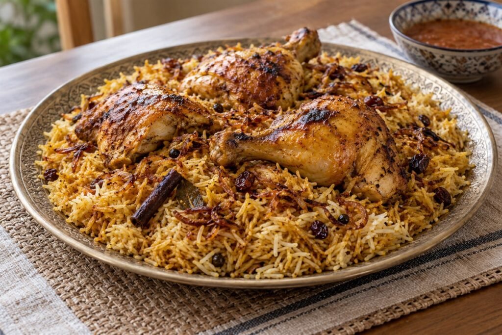 Bahraini chicken machboos with spiced rice, raisins, and caramelized onions on a traditional platter.