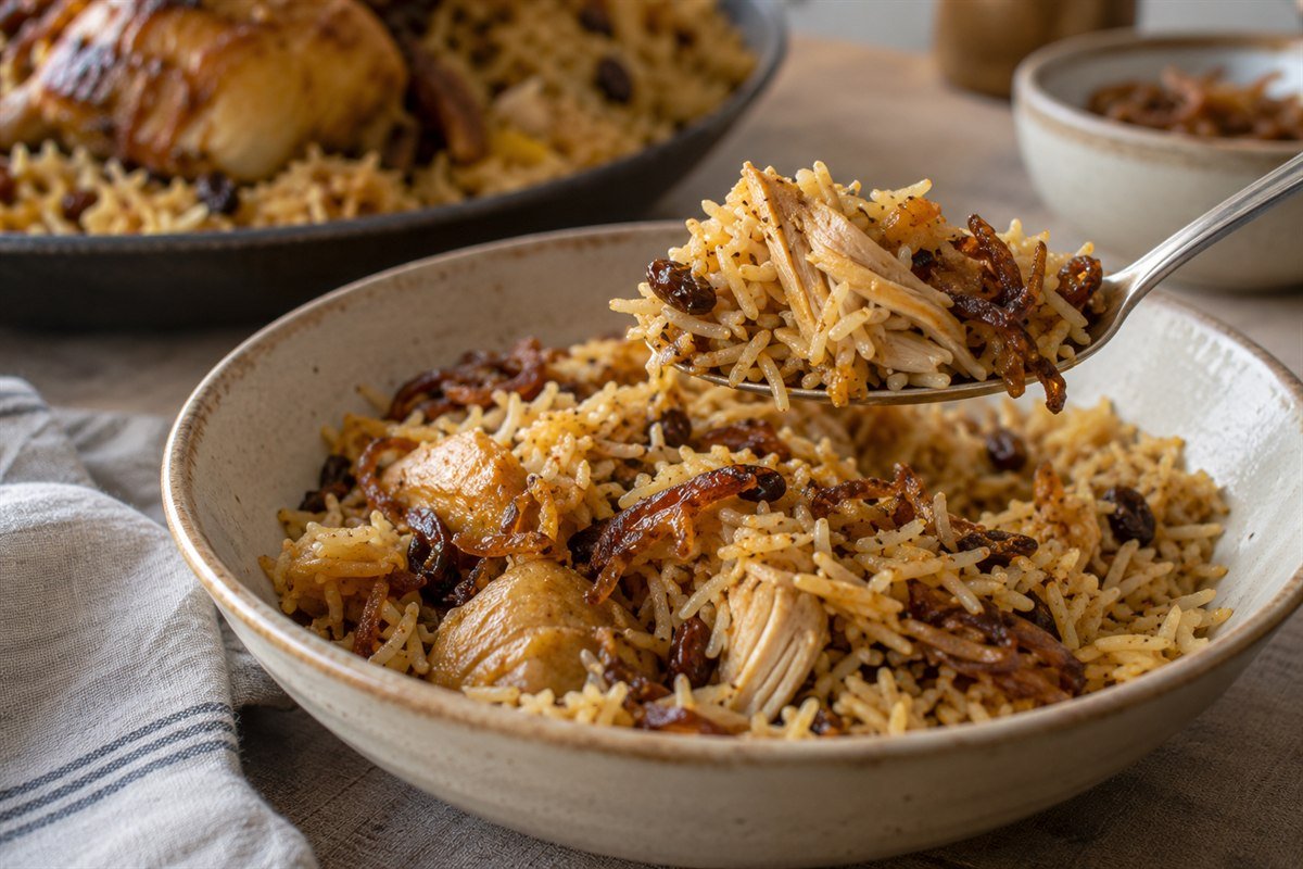A spoonful of Bahraini machboos rice and chicken served from a ceramic bowl.