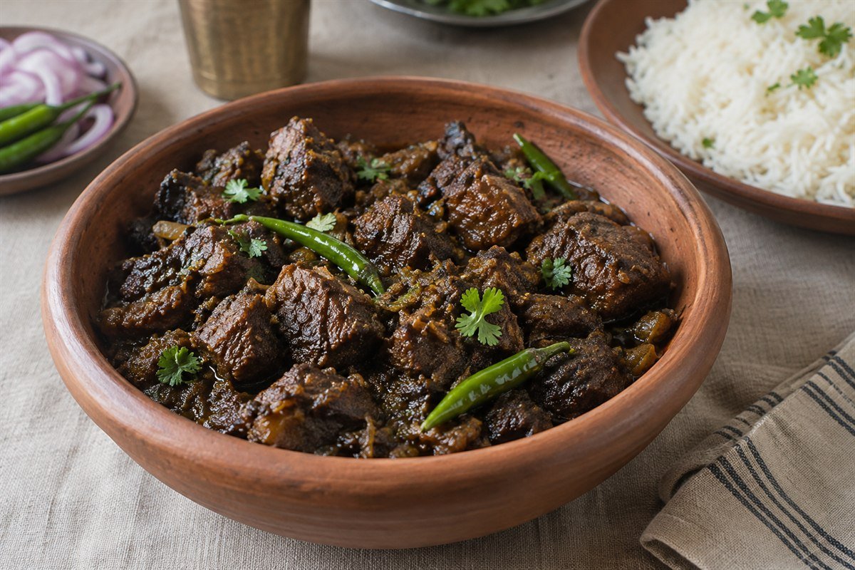 Bangladeshi kala bhuna beef curry with green chilies and rice.