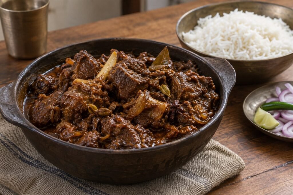 Bangladeshi kosha mangsho goat curry with rice and fresh onion.