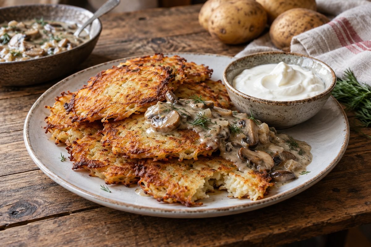Belarusian potato draniki with mushroom sauce, sour cream, and dill.
