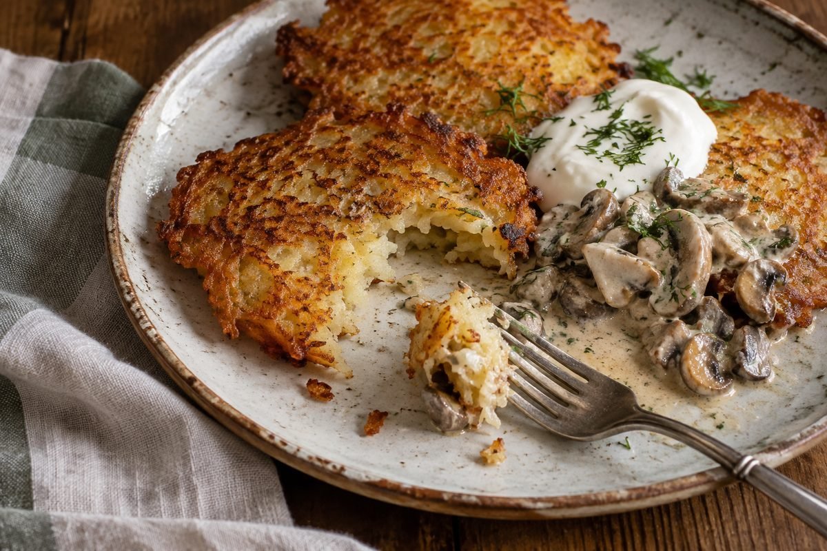 A Belarusian potato pancake cut open beside mushroom sauce and sour cream.