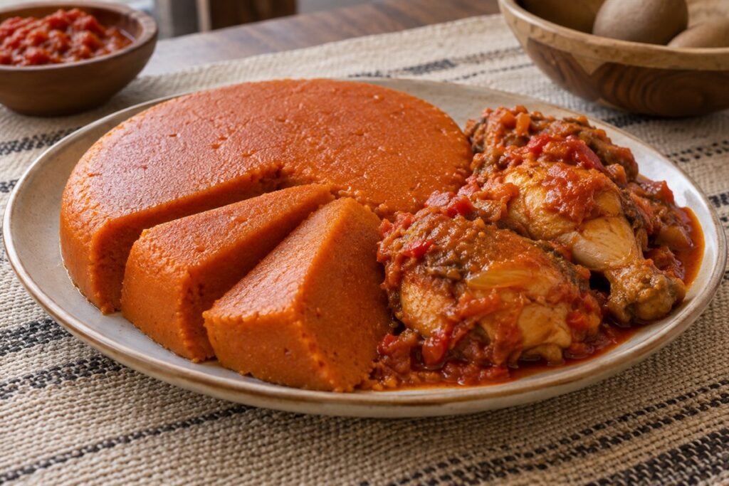 Beninese amiwo red cornmeal served with spiced chicken and tomato pepper sauce.