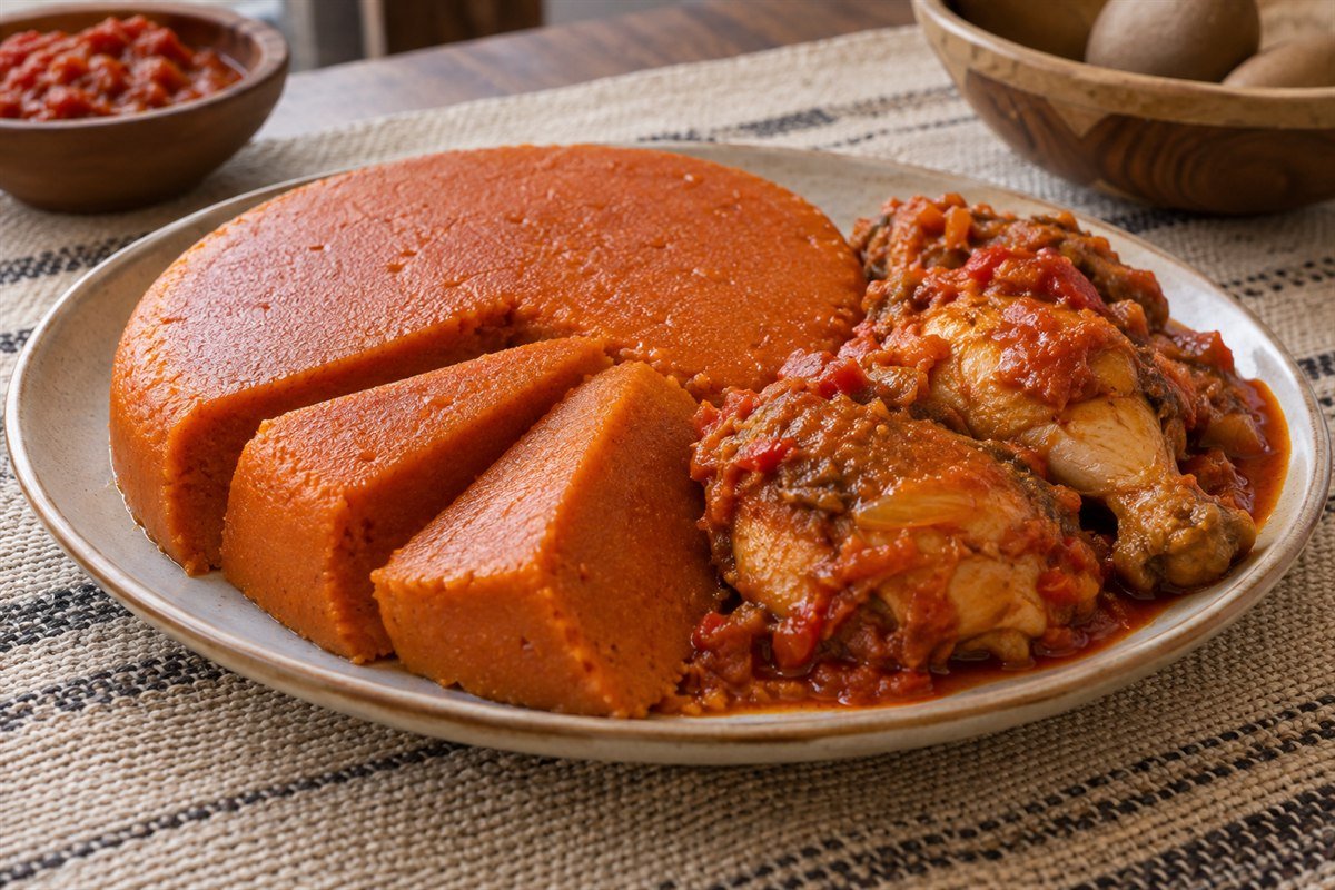 Beninese amiwo red cornmeal served with spiced chicken and tomato pepper sauce.