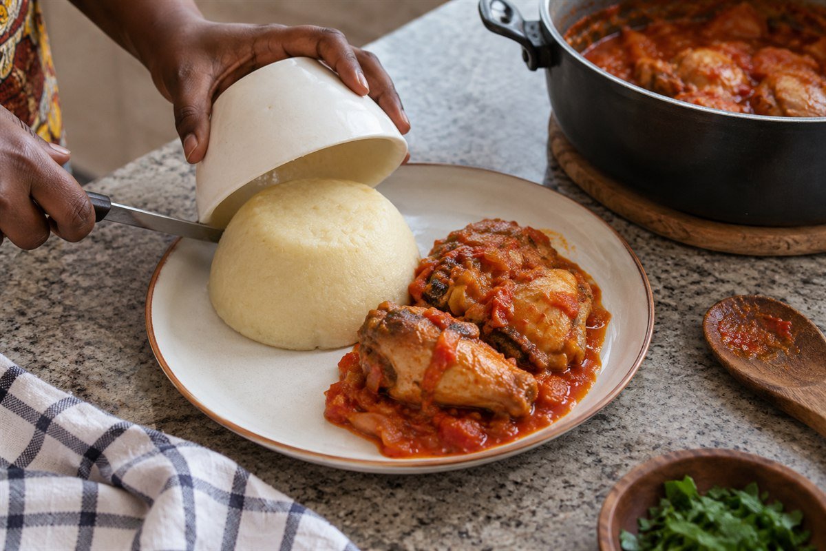 A portion of Beninese amiwo being cut and served with tender spiced chicken.