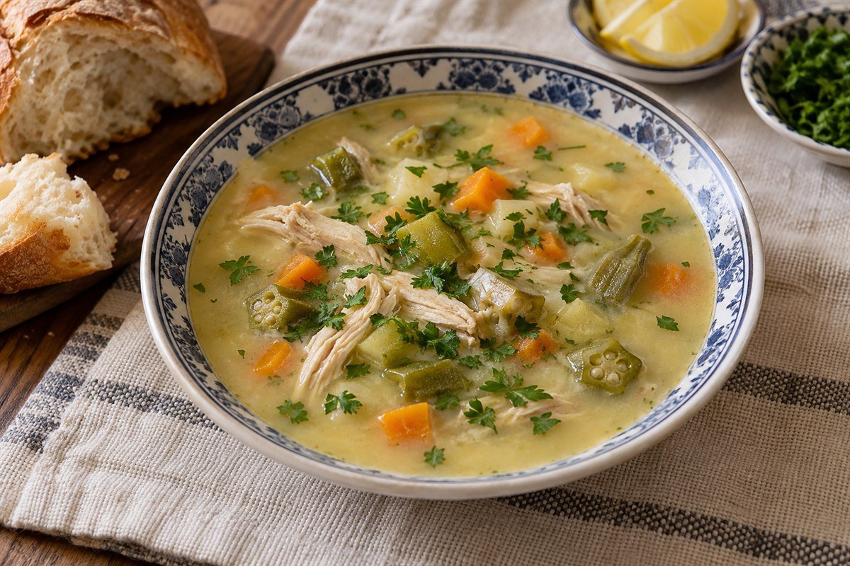 A bowl of Bosnian Begova Čorba chicken and okra soup with parsley and bread.