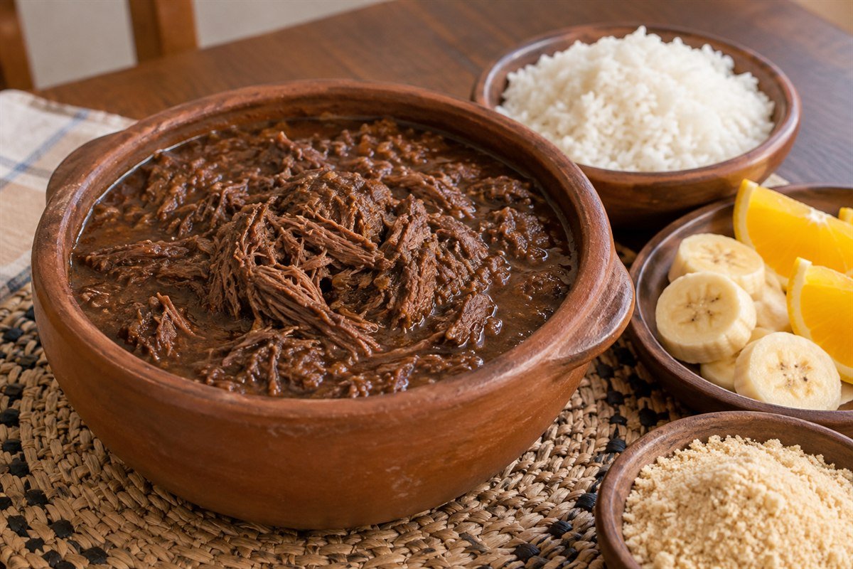 Slow-cooked Brazilian barreado beef stew with rice, banana, and cassava flour.