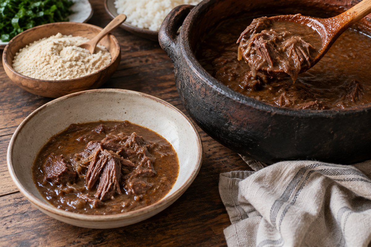 Tender barreado beef being spooned from an earthenware pot into a bowl.