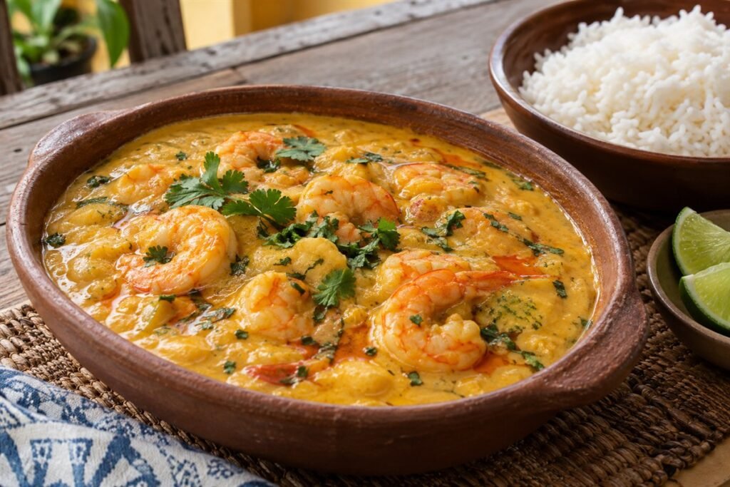 Brazilian shrimp and cassava stew in an earthenware bowl with rice, cilantro, and lime.