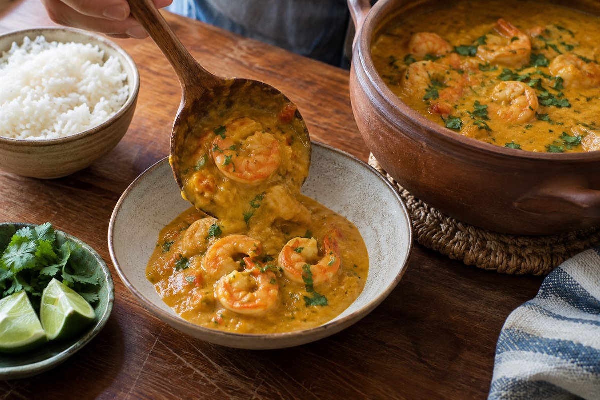Shrimp and cassava stew being ladled from a clay pot into a serving bowl.