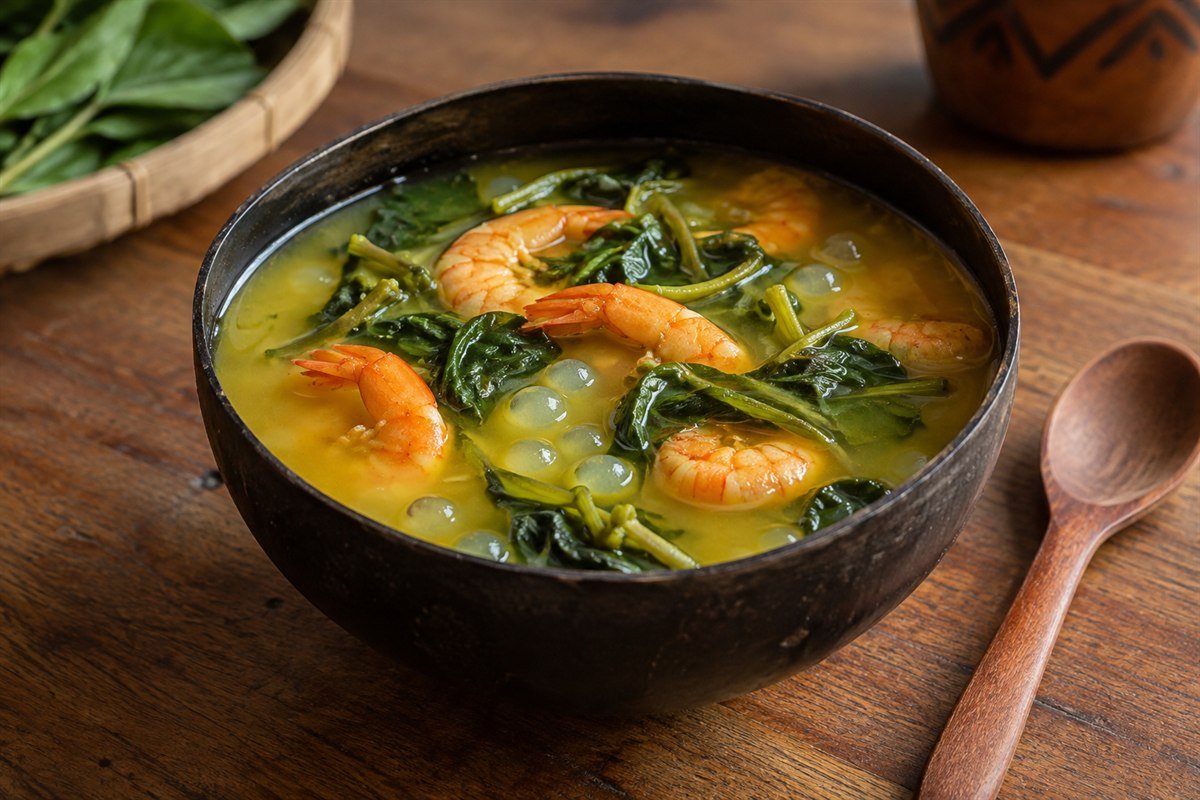 Brazilian tacacá with yellow tucupi broth, shrimp, jambu leaves, and tapioca pearls.