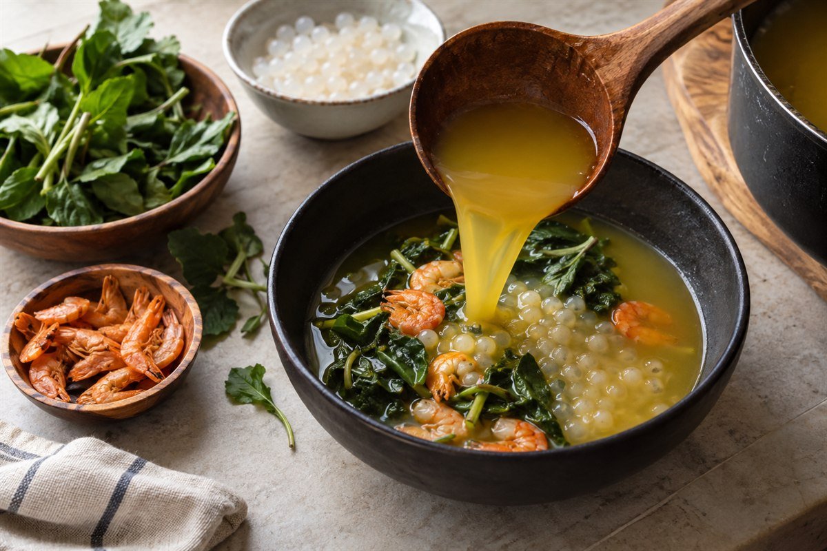 Yellow tucupi broth being poured over jambu, shrimp, and tapioca pearls for tacacá.