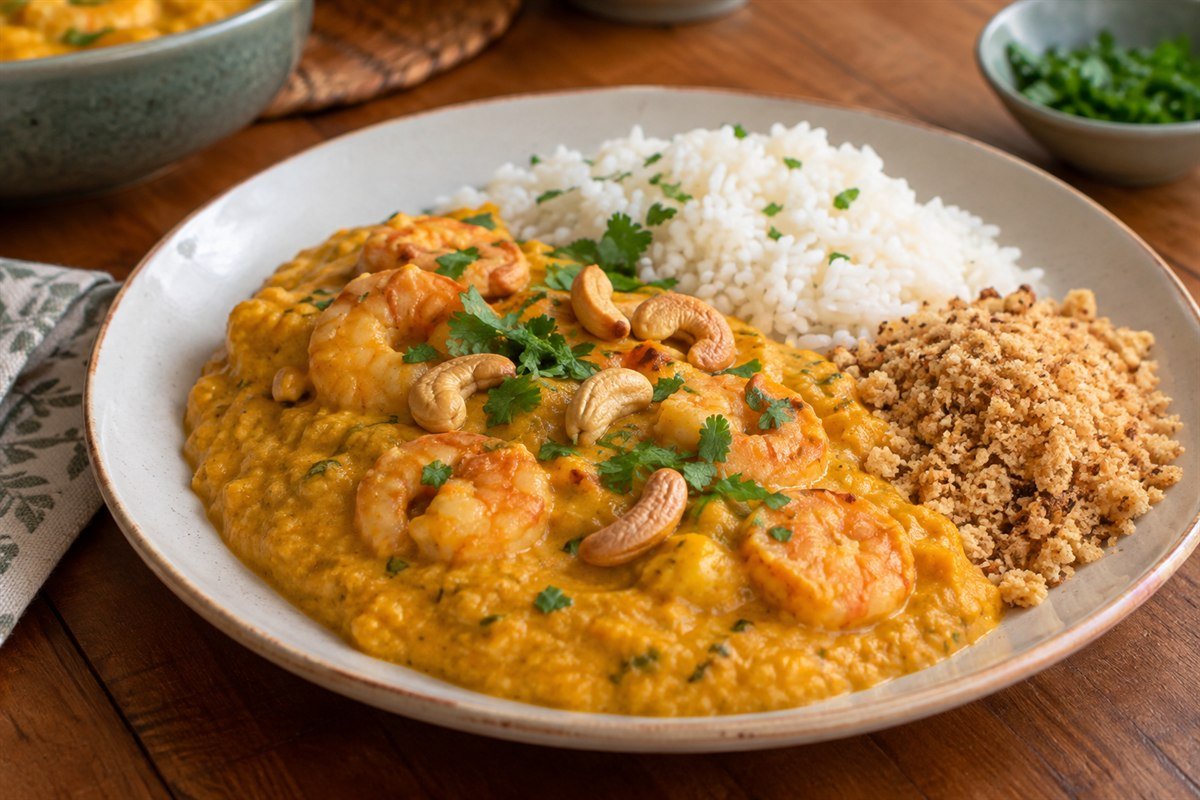 Brazilian vatapa shrimp and coconut stew with rice, farofa, cilantro, and cashews.