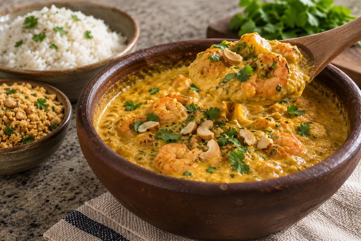 Brazilian vatapa being spooned into a bowl with shrimp, rice, and farofa.