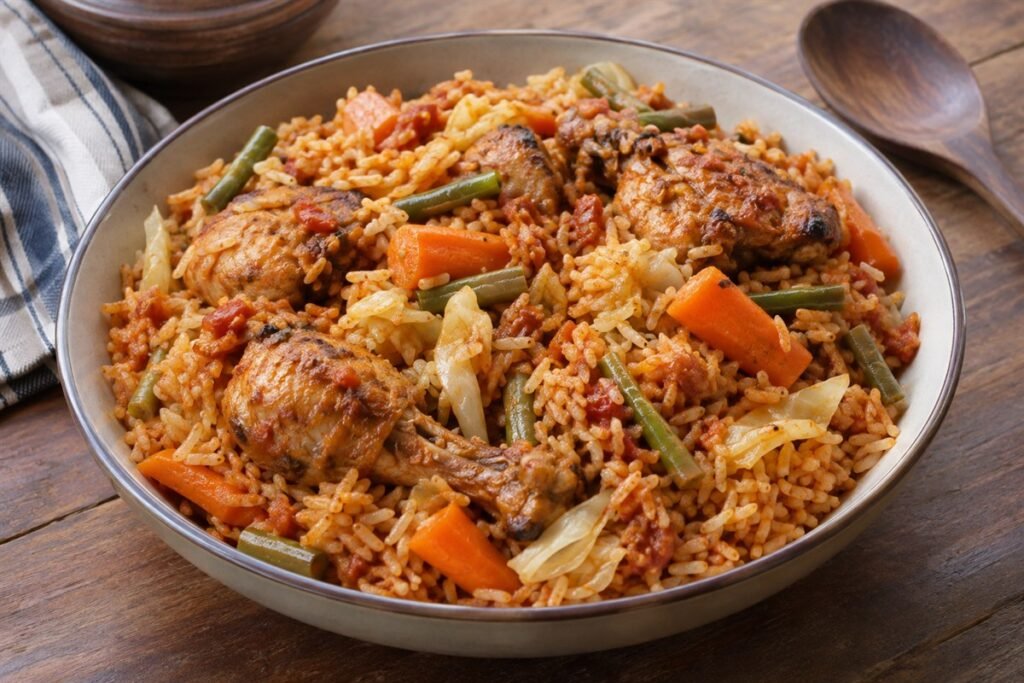 Burkinabè riz gras with tomato rice, chicken, carrots, cabbage, and green beans.