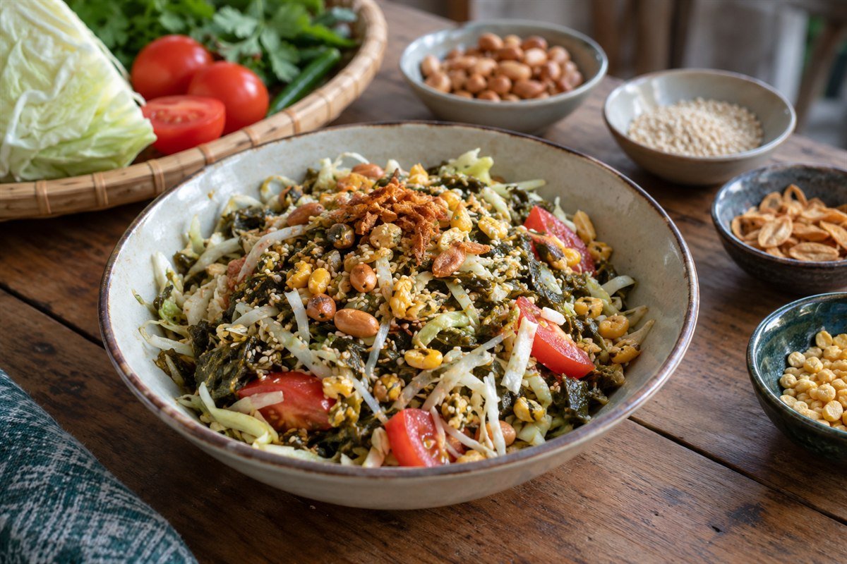 Burmese laphet thoke fermented tea leaf salad arranged with cabbage, peanuts, sesame, and garlic.