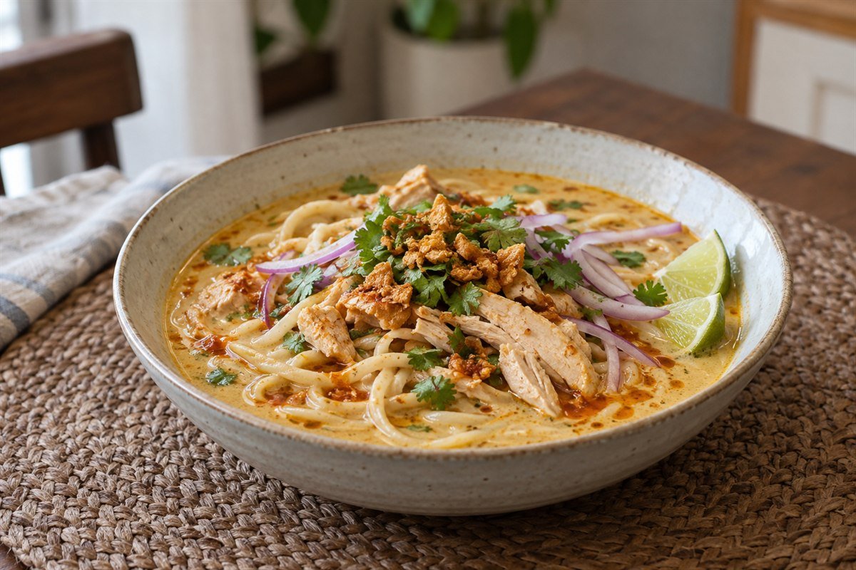 Burmese Ohn No Khao Swe coconut chicken noodle soup in a ceramic bowl.