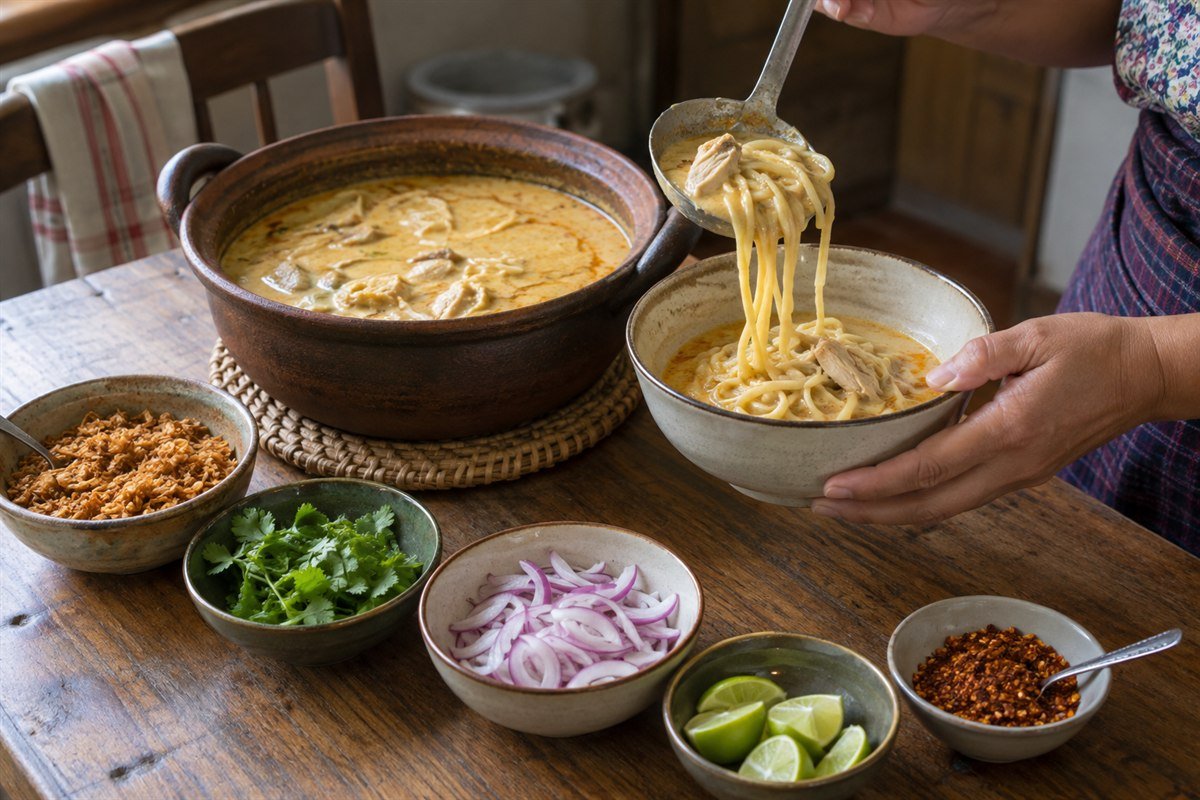 Burmese coconut chicken noodle soup being served with noodles and garnishes.