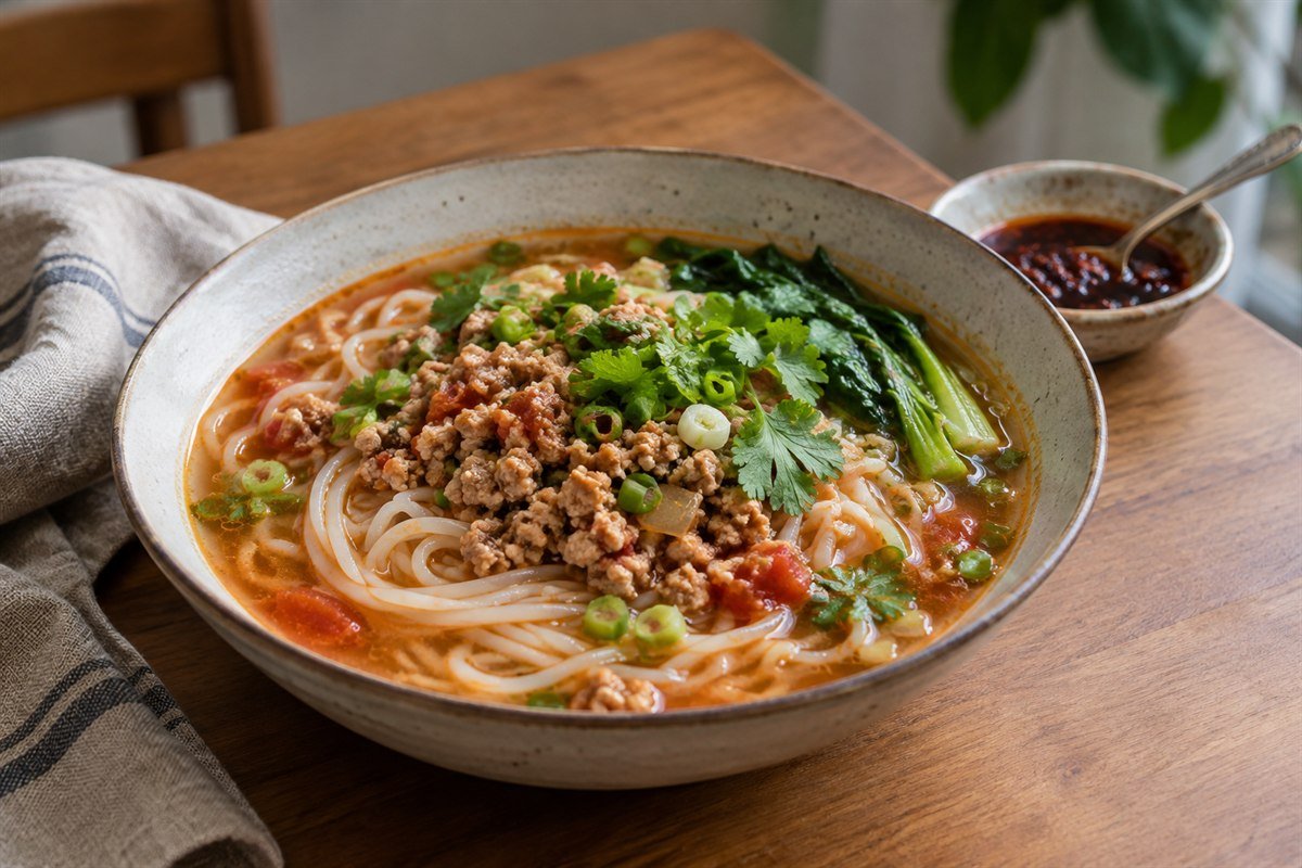 Burmese Shan noodles with pork, greens, scallions, cilantro, and chili oil in a ceramic bowl.