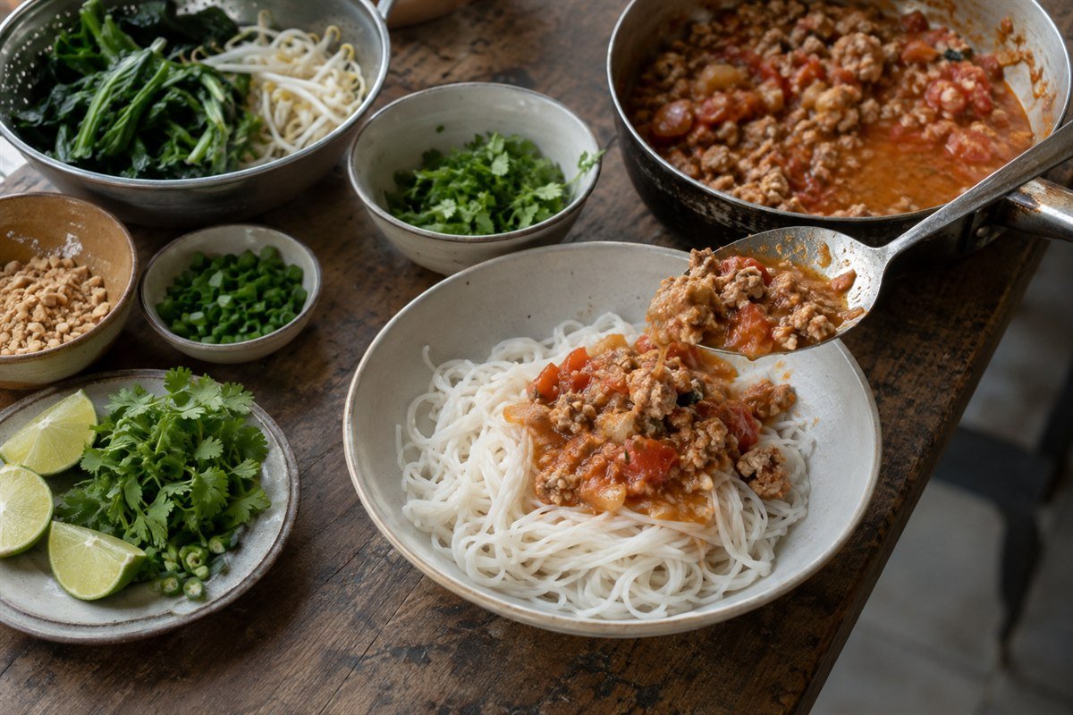 Burmese Shan noodles being assembled with rice noodles, pork tomato topping, greens, herbs, lime, and peanuts.