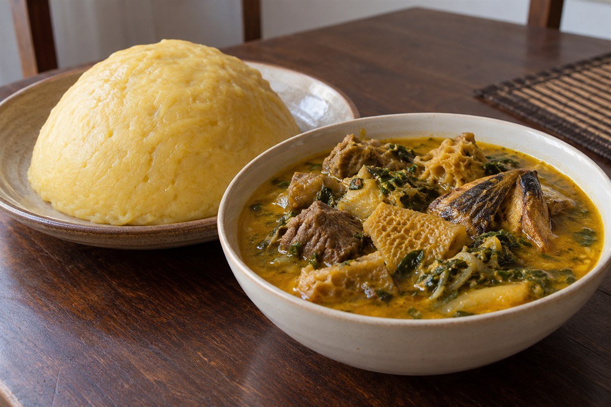 Cameroonian Achu with smooth yellow pounded cocoyam beside golden yellow soup with beef, tripe, fish, and greens.