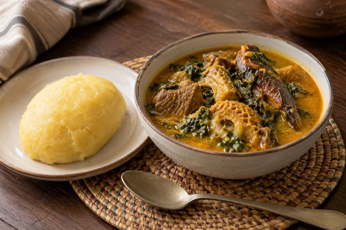 A serving of Cameroonian Achu with pounded cocoyam and a bowl of palm-oil yellow soup.