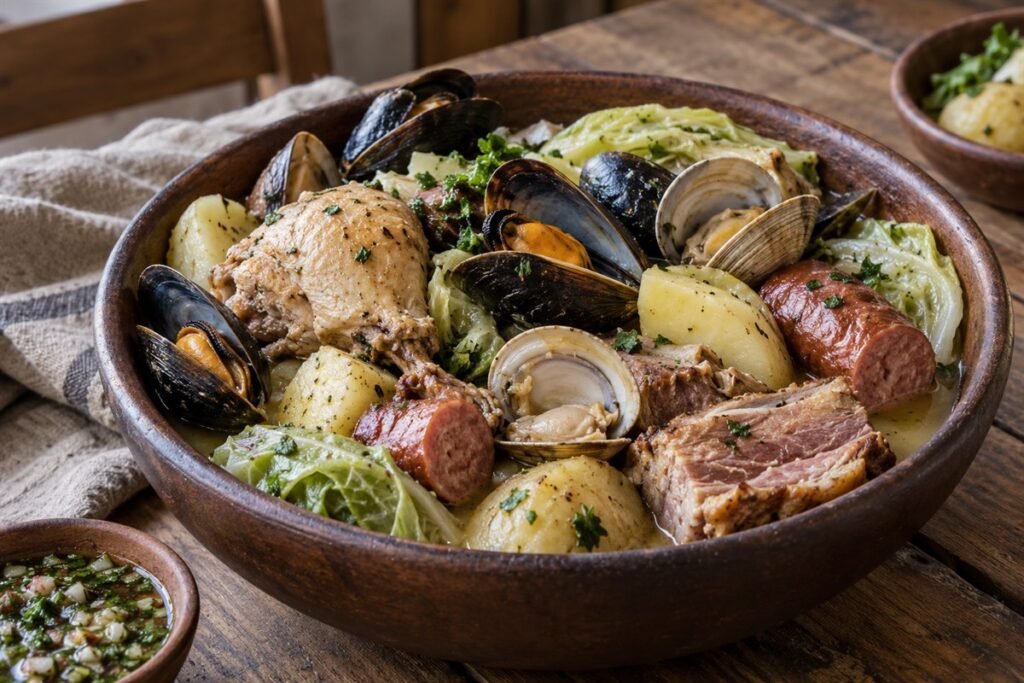 Chilean curanto with mussels, clams, chicken, pork sausage, potatoes, and cabbage.